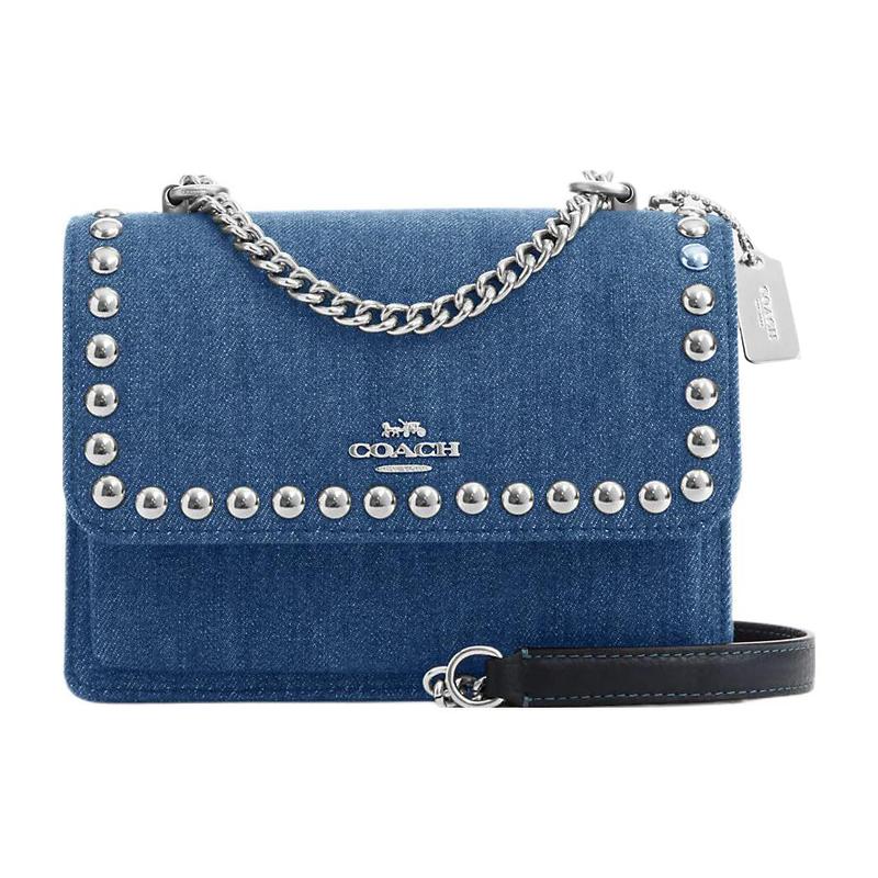

COACH Klare 18 Studded Logo Snap Pebbled Multifunctional Pocket Denim Leather Shoulder Crossbody Bag Small Women Blue синій