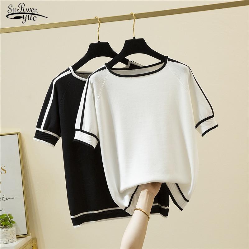Camisetas Mujer Dünne Gestrickte T Shirt Frauen Kurzarm Sommer Tops Frau Kleidung Gestreiften Mode T-Shirt T Shirt Femme 18841
