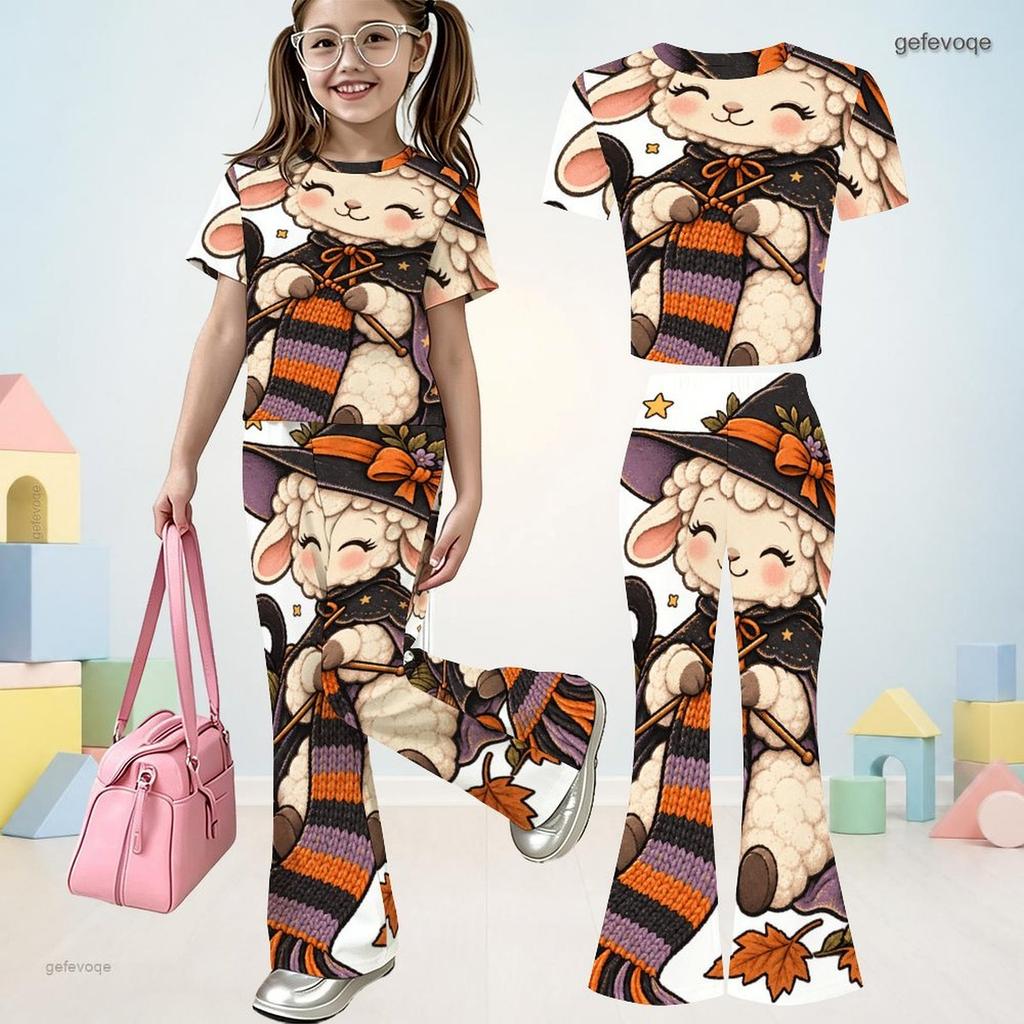 Girls Halloween Lamb Print Round Neck Short Sleeve Top And Flared Pants Two Piece Set