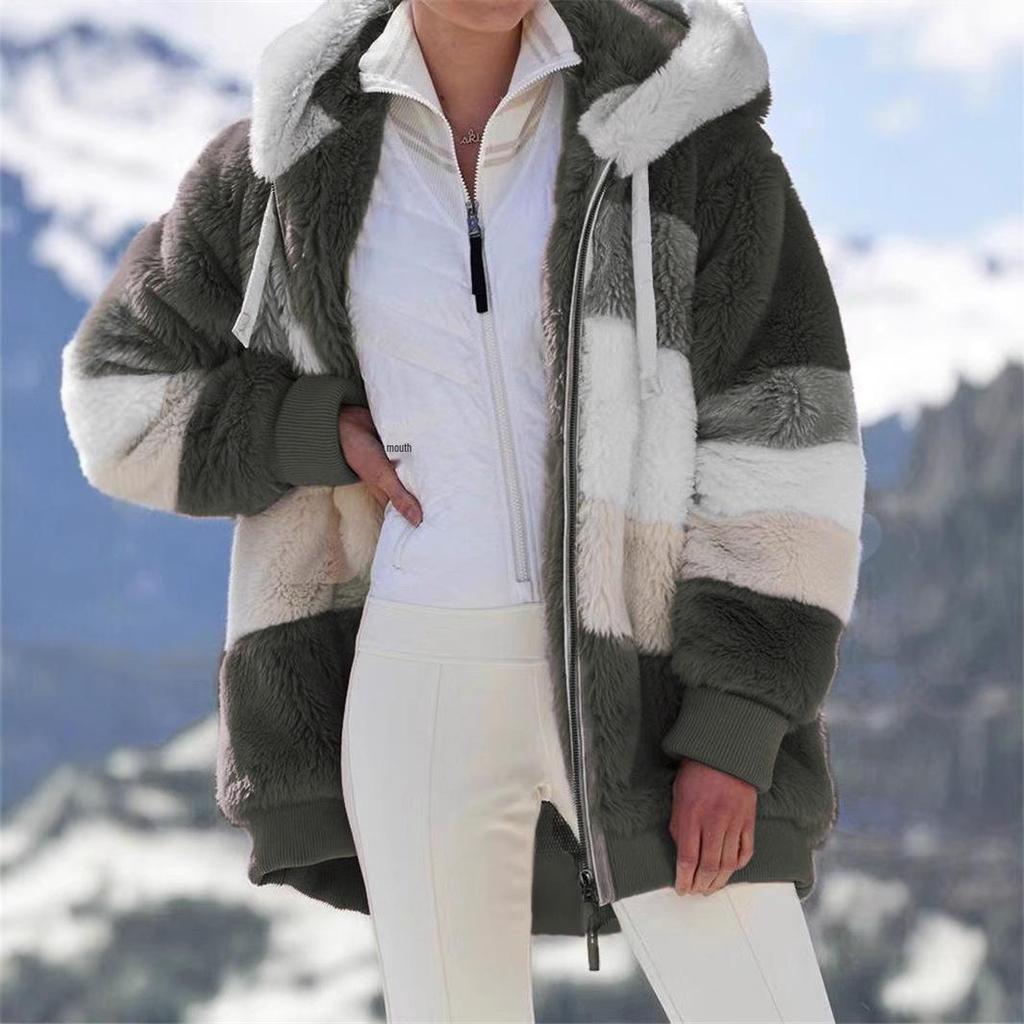 Women's Loose Fit Multi-Color Plush Hooded Jacket - Autumn/Winter 2021