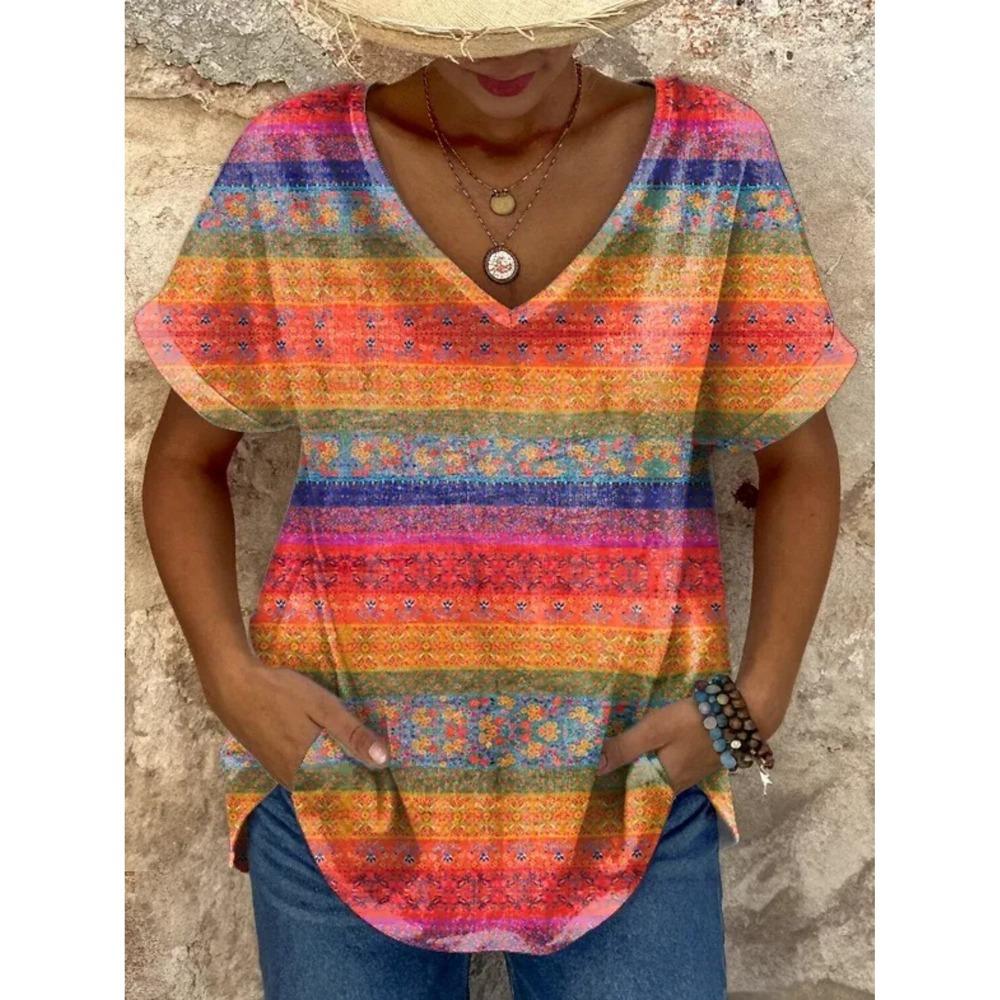 2025 Ethnic Women's T-Shirt Vintage Graphics Fashion Short Sleeved V-Neck Regular Tops Daily Print Tee Summer Casual Tops