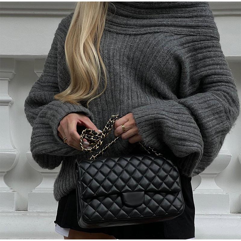 Elegant Solid Slash Neck Thick Knitted Boat Neck Tops Women Casual Long Sleeve Loose Warm Pullover Jumpers Female Fashion High Street Sweater Knitwear