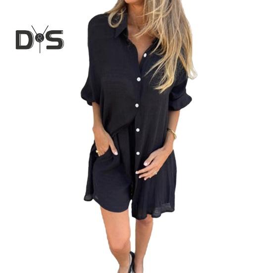 

Комплект из 2 предметов: весенняя рубашка, шорты, летняя одежда для сна, блузка средней длины с пуговицами и лацканами, свободный повседневный наряд с эластичным поясом XL чёрный