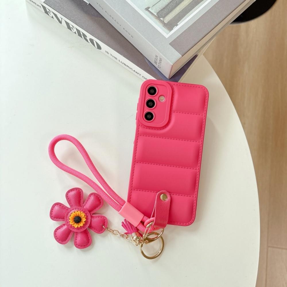 Ins Sunflower Down Jacket Lanyard Case for Samsung Galaxy S25 S24 Ultra S23 S22 Plus A55 A56 A16 A54 A35 A15 Wrist Strap Cover