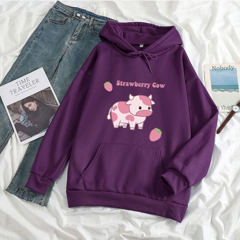 Womens Strawberry Milk Print Hoodie Long Sleeve Cute Harajuku Style Loose Fit Sweatshirt