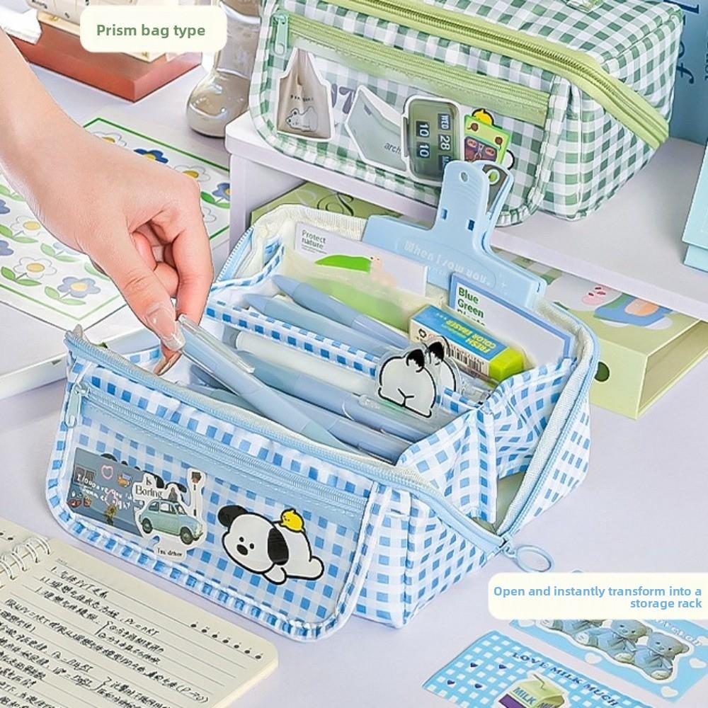 Korean Style Grid Stationery Bag Puppy Dopamine Pencil Pouch Prism Pencil Case  Student