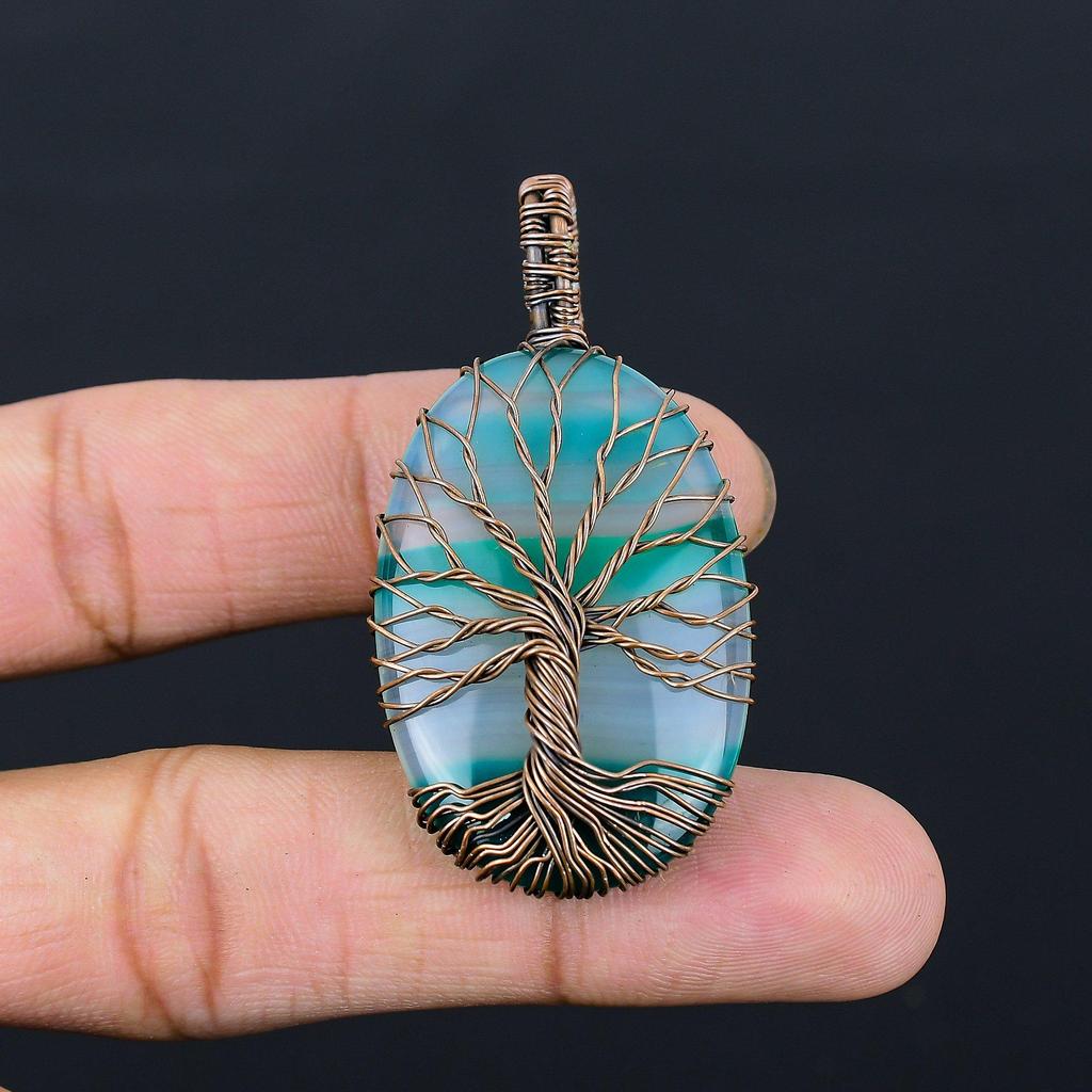 Tree Of Life Banded Agate Gemstone Pure Copper Wire Wrapped Handmade Pendant Jewelry For Her