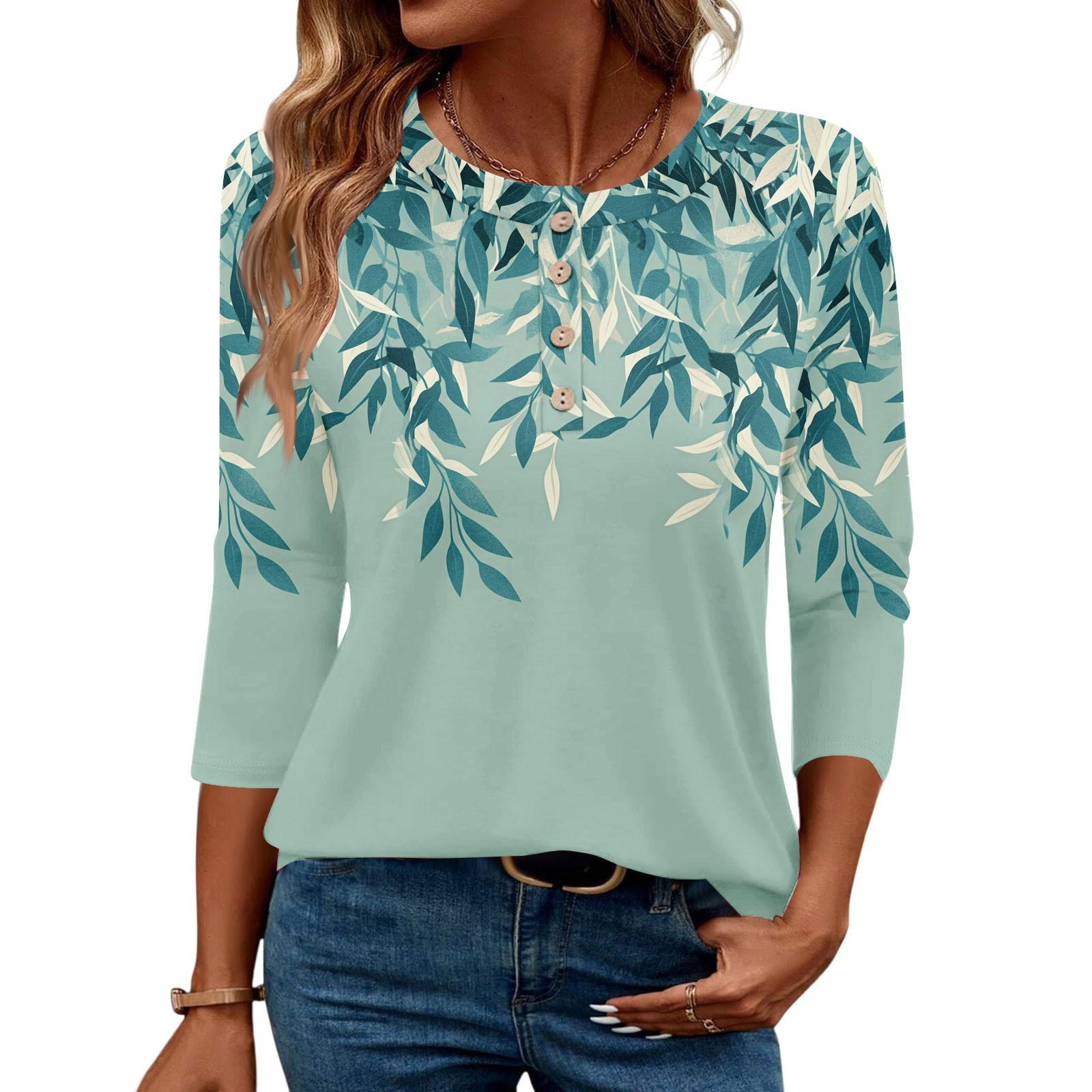 

3/4 Sleeve Shirts For Women Button Down Shirt Top For Women Half Button Down Print Graphic Blouse XXL