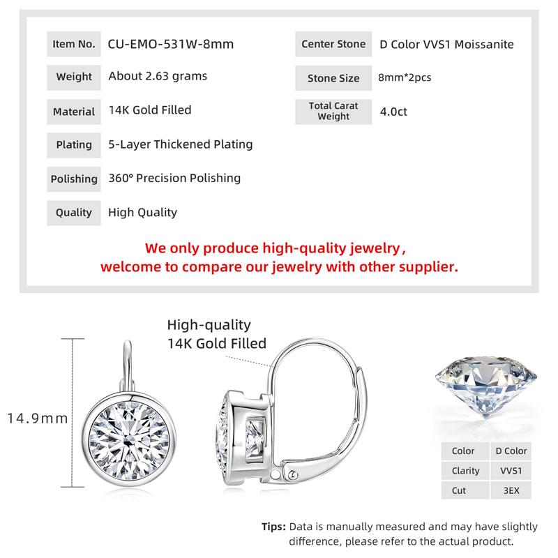 New Classic Shiny Trendy Earrings 14K Gold Filled 8mm 2.0ct Moissanite Hoop Earrings with Round Design Moissanite Jewelry Gift