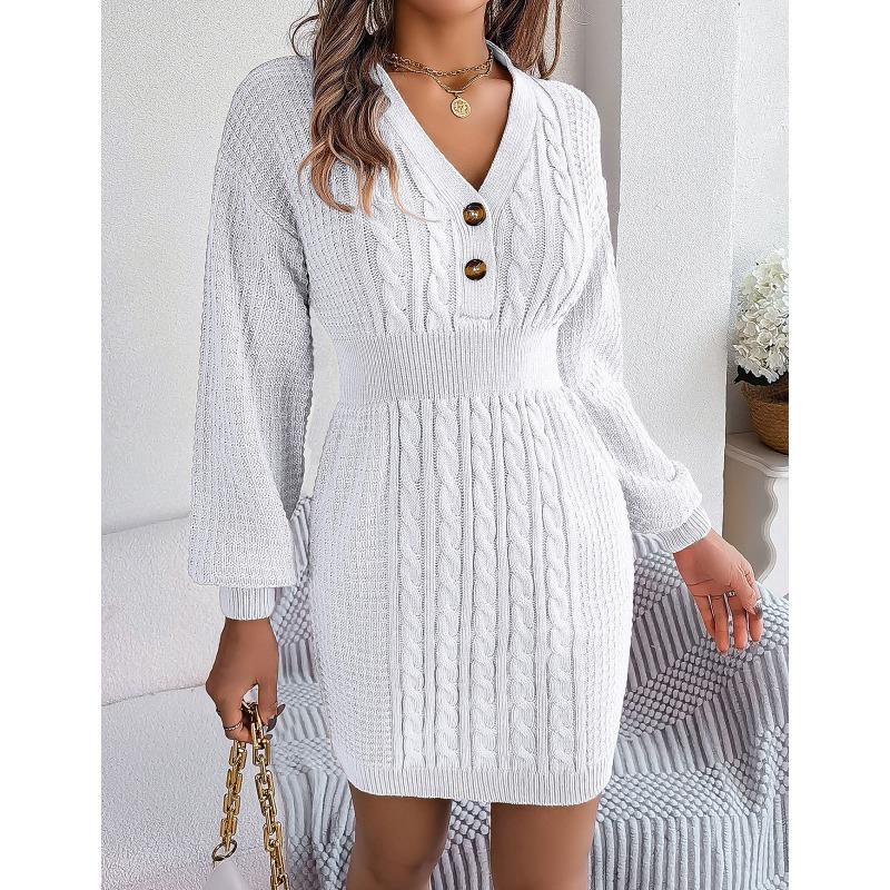 Women's Autumn/winter Twist Lantern Sleeve Hip Knit Button Sweater Dress