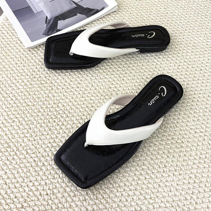 

Fashion 2025 New Women Flats Slippers Female Flip flops Summer Beach Slides Fashion Square Toe Ladies Flats Slippers Sandals Shoes 35 бежевый