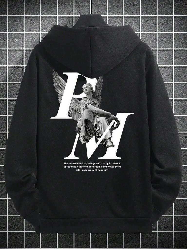 Stilvoller Herren-Hoodie, 100 % Polyester, lockere Passform, mit UK- und Engel-Print, stilvoller und lässiger Pullover