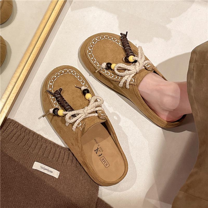 Fashion Autumn New Retro Baotou Flat Slippers Women's Round Toe Deep Mouth Platform Suede Front Lace-up Soft Slip Slides Women Slippers