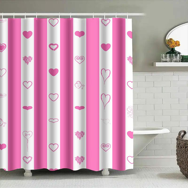 Pink White Striped Shower Curtain With Love Heart Pattern For Bathroom Decor Waterproof Fabric Shampoo Soap Bag Set Home Accesso
