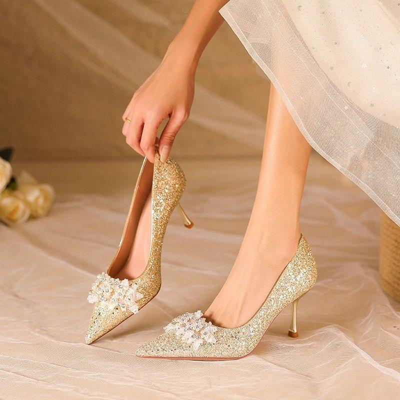 Premium Main Dress Wedding Shoes Women's Stiletto Autumn New Crystal French High Heels Dress Engagement Is Not Tired