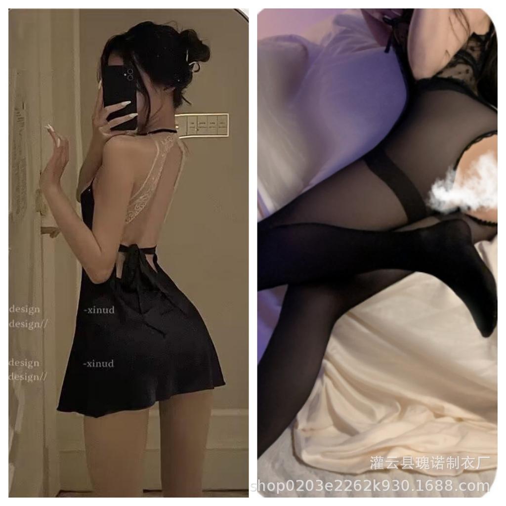 Sexy lace satin lingerie gentle wind perspective suspender nightdress low chest backless temptation miniskirt