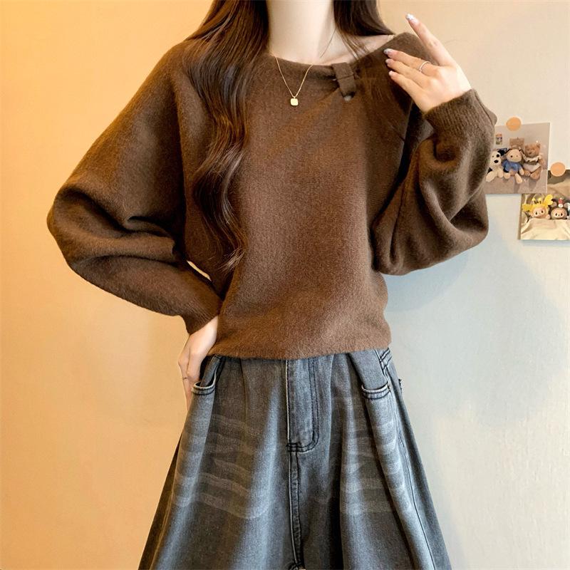 Women's French Chic Solid Color Knitwear Pullover - Long Sleeve Round Neck Sweater for Autumn/Winter