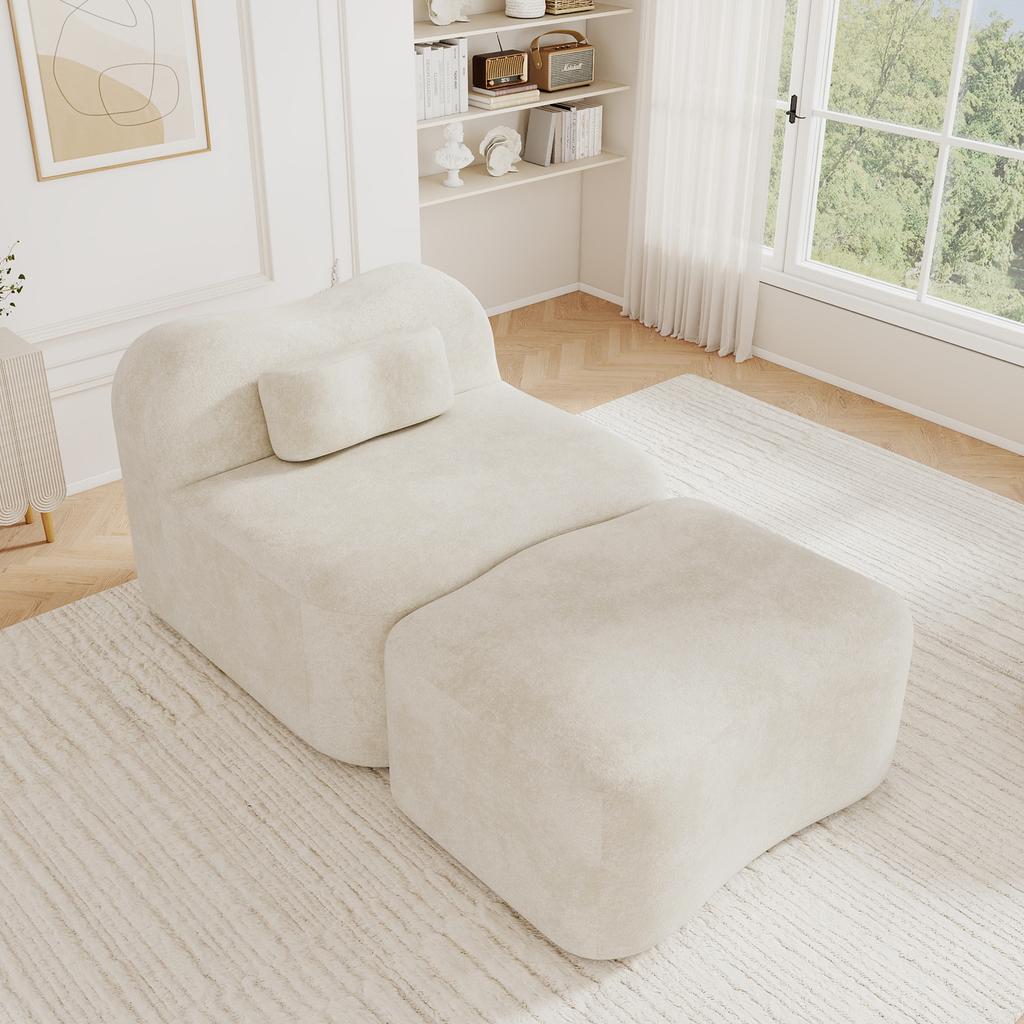 Modular Frameless Sofa with Ottoman, Wave Design, 32D Foam Filling, Movable Back Cushion, Soft Fabric, for Apartment, Living Room and Bedroom, Beige