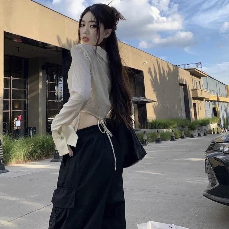French Pure and Alluring Design Long-sleeve Shirt for Women, Spring/summer Slimming Short Spicy Girl Top with Lace-up Straps
