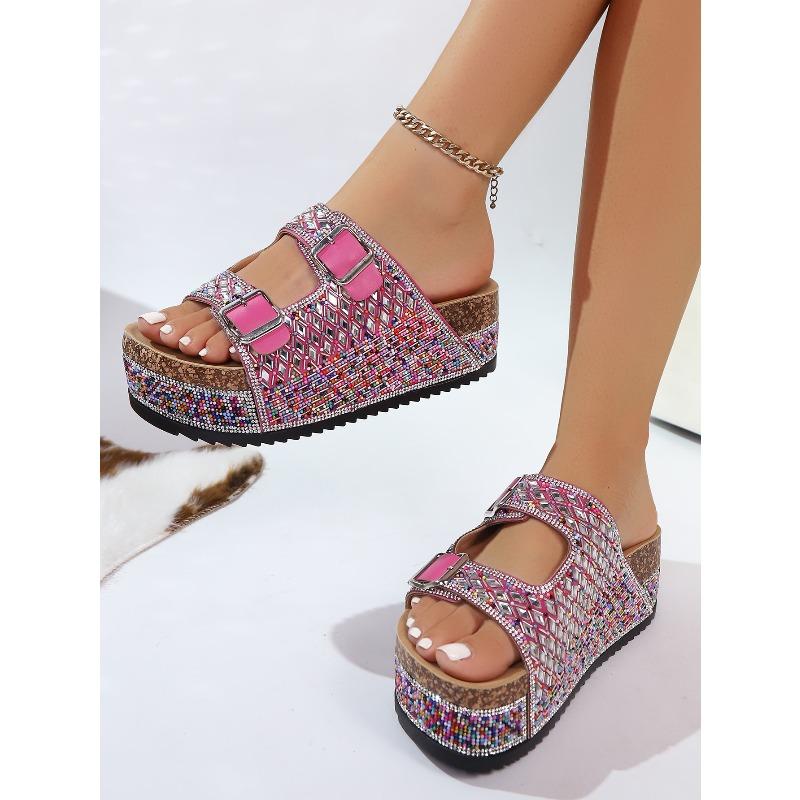 Thick-soled Rhinestone European and American Sandals 2025 Summer Plus Size Belt Buckle Soft-soled Flip-flops Women