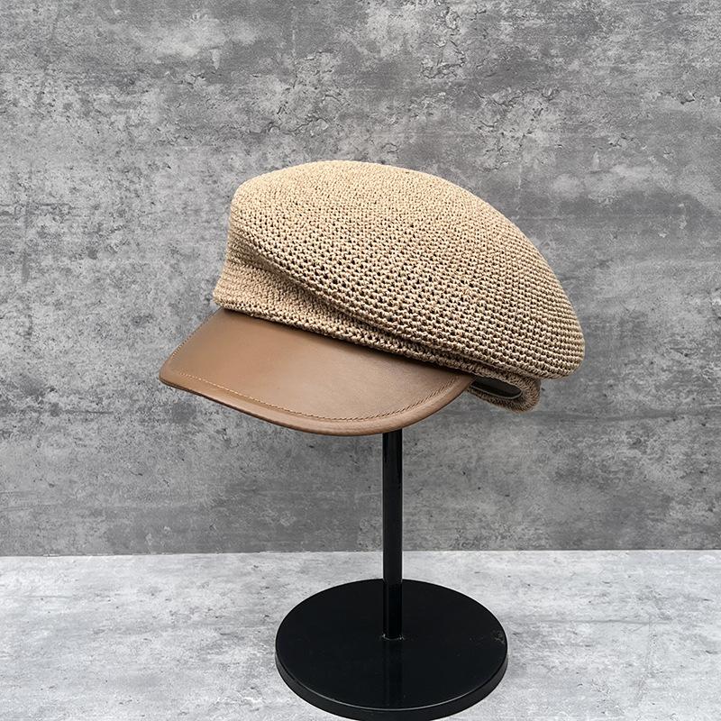 Versatile Temperament Leather Brim Inclined Top Hemp Rope Woven Face Small Equestrian Straw Hat Women'S Summer Retro Beret