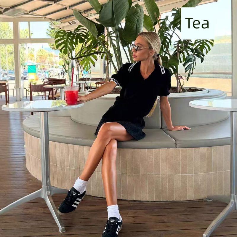 

Вязаный топ с коротким рукавом и воротником поло в западном стиле, комплекты юбок, вязаный топ и комплект юбки Black S