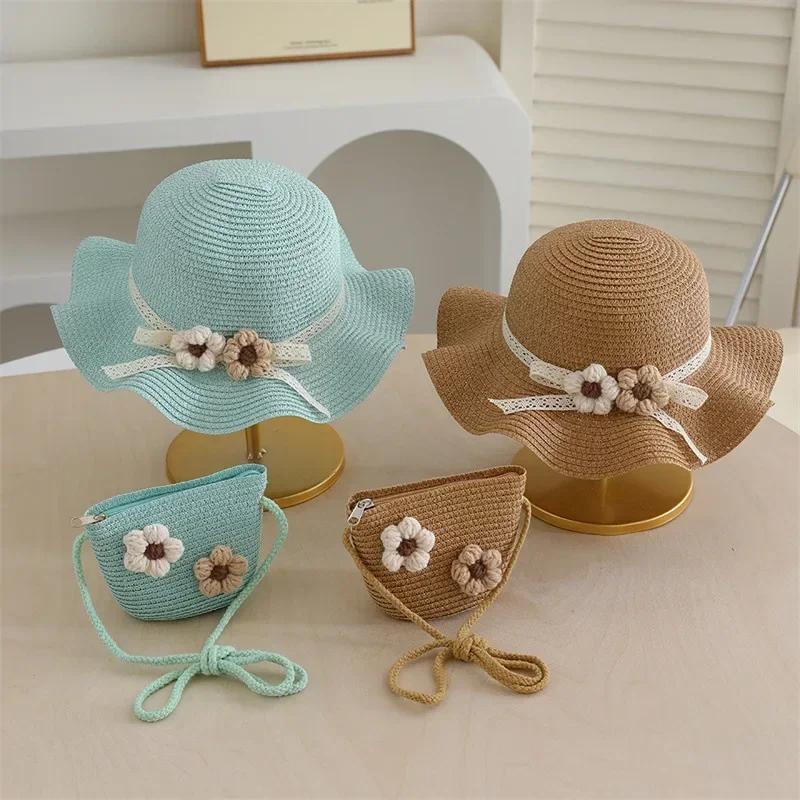 Summer Straw Hat and Bag Set for Girls 3D Flower Lace Bow Wide Brim Fisherman Cap and Crossbody Bag Cute Children's Sun Hat