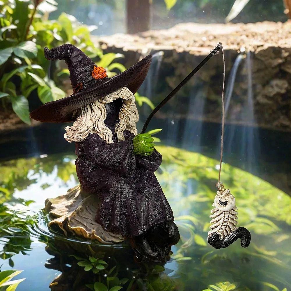 Resin Witch Figurines Funny Ghost Festival Ornament Fishing Witch Statue  Desktop