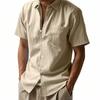 Summer Solid Color Linen Men's Shirt Turn-Down Collar Short Sleeve Tops Men's Loose Pocket Button Cardigan Casual Shirt