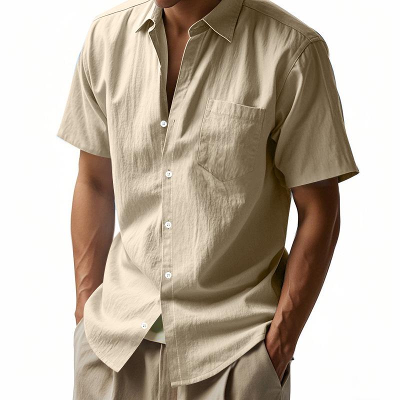 Summer Solid Color Linen Men's Shirt Turn-Down Collar Short Sleeve Tops Men's Loose Pocket Button Cardigan Casual Shirt