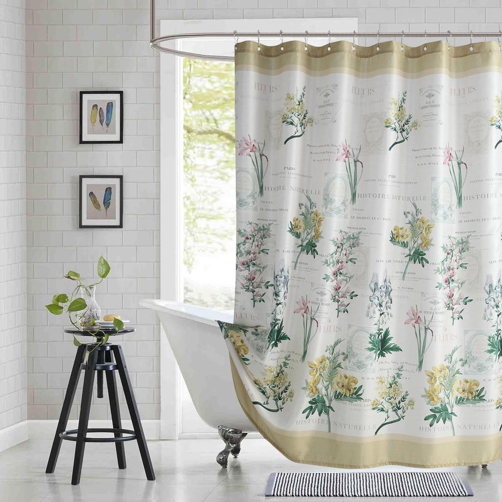 Floral Pattern Fabric Shower Curtain, Beige Gray Plant Bathroom Shower Curtain, Waterproof Bathroom Shower Curtain Curtain