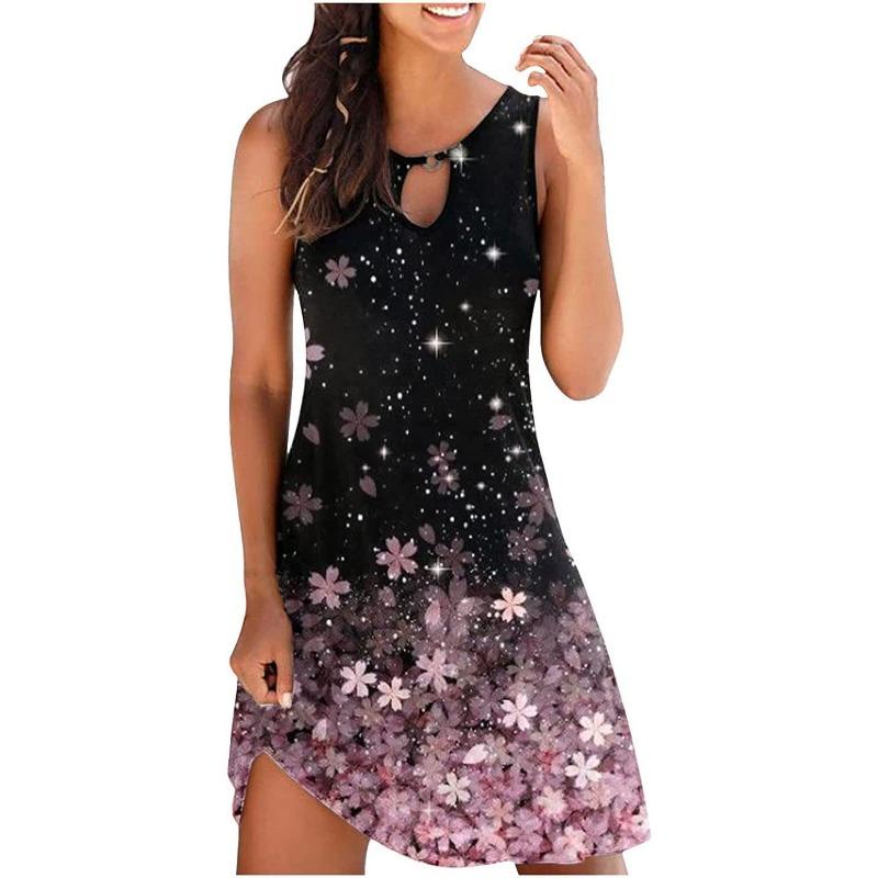 Spring Casual Style Japan and South Korea Casual Women's Printed Round Neck Big Swing Dress