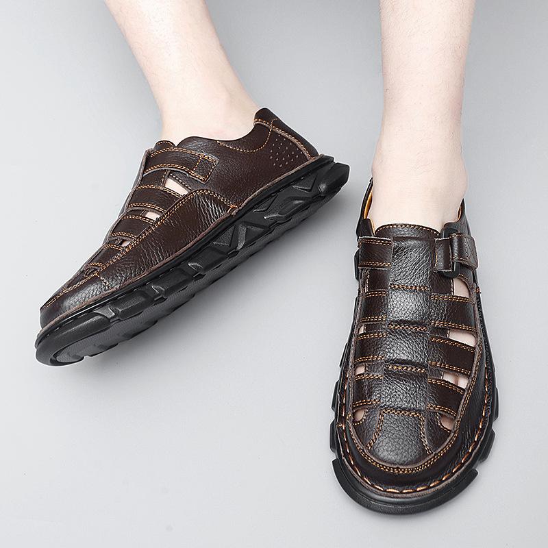 Foreign trade large size leather men's sandals men's summer hollow breathable hole shoes bag head cool leather shoes dad shoes