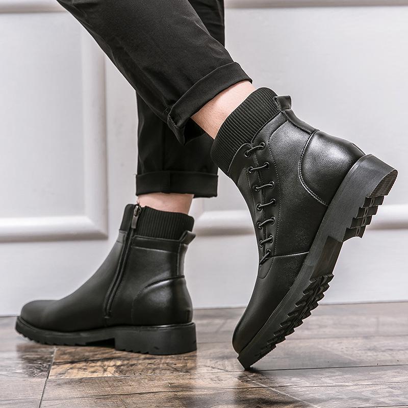 Men's Cross Martin High Top Black Leather Boots - Fashionable Round Toe Business Casual Footwear for 2025.