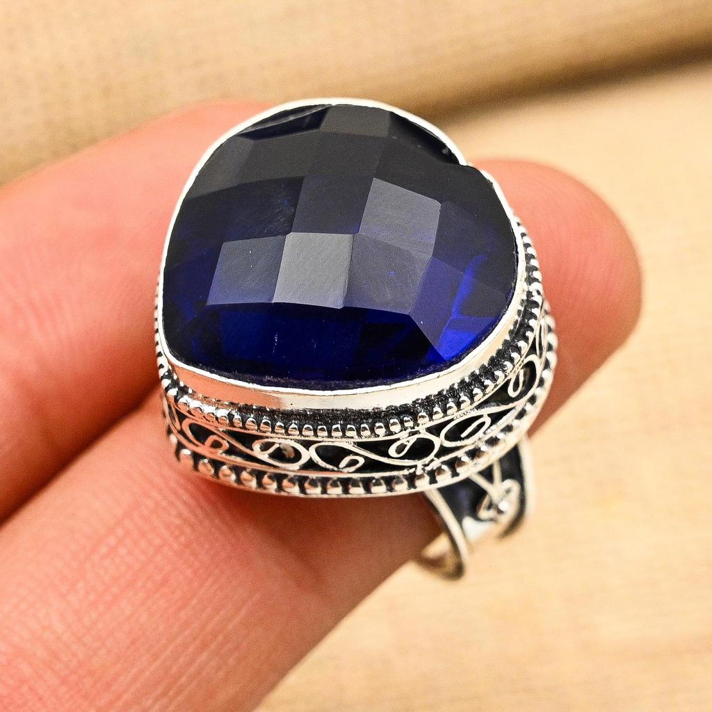 Unique Blue Sapphire Gemstone Handmade 925 Sterling Silver Heart Shape Jewelry Ring