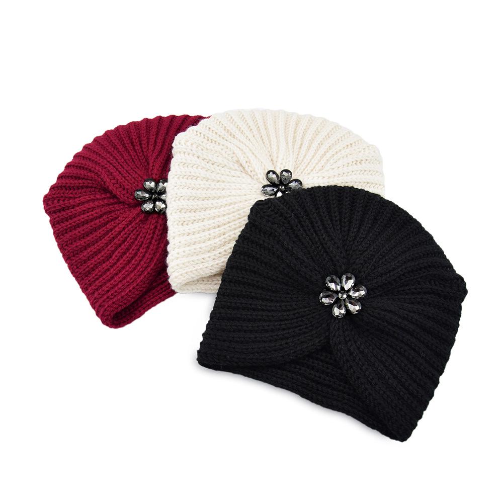 European-American Diamond Flower Knitted Wool Hat - Bohemian Crystal Indian Hat for Autumn/Winter