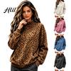 Ležérní dámská mikina s dlouhým rukávem, leopardí potisk, pulovr s rolákem, volný střih, klokaní kapsa, top s klesajícími rameny pro