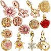 Popular Goods Sparkling Flower Pink And Gold Series Charm Bead Pendant Fit Original Silver Bangle Necklace Jewelry Gift