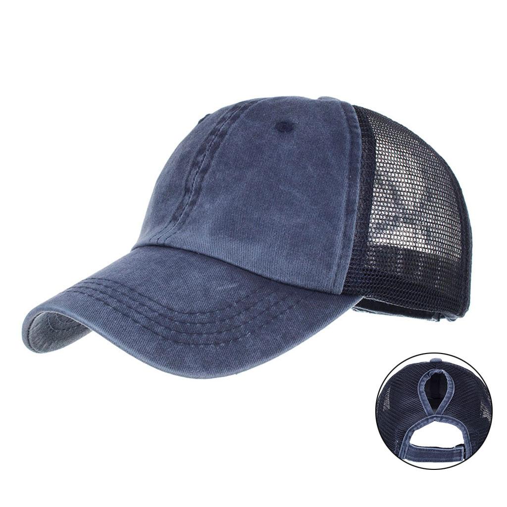 

Spring and summer new product light version color ponytail hole washed mesh cap baseball cap sunshade outdoor sun hat Adjustable темно-синього кольору