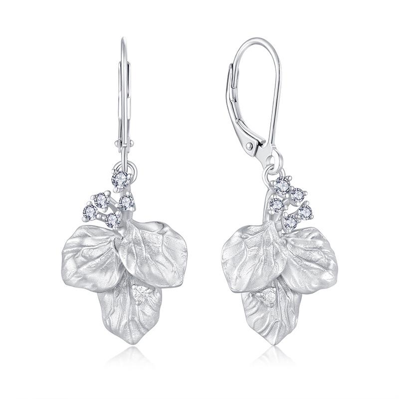 Retro Distressed Leaf Earrings with White Gold-Plated Copper and Zirconia Hooks