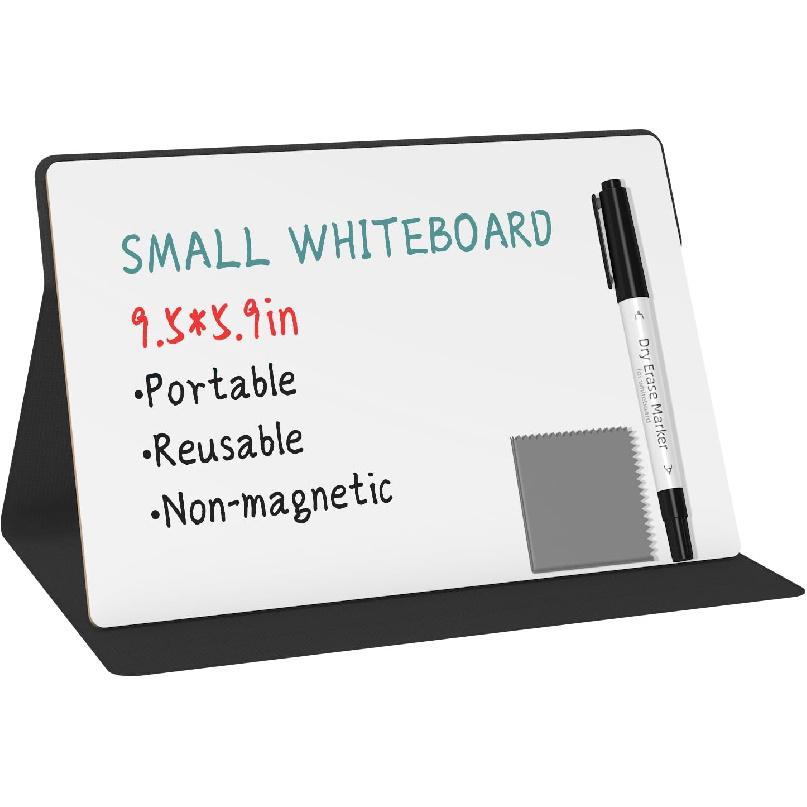 Portable Small White Board,Reble Dry Erase Board with Stand,Desktop Whiteboard for Office Meeting Bussiness Home 9" x 6" with Marker, Wipe Cloth