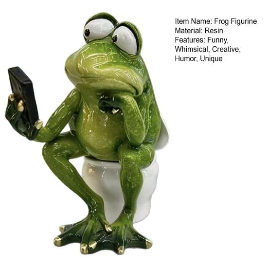 Funny Frog Sitting on Toilet Figurine 3D Resin Green Frog Texting Statue Collectible Animal Sculpture for Bathroom Home Office Tabletop Decor
