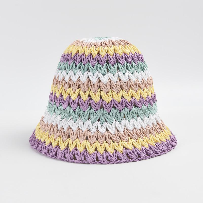 Unisex Summer Paper Sun Bucket Hat Checked Rainbow Gradient Silk Screen Printed Beach Vacation Ribbon