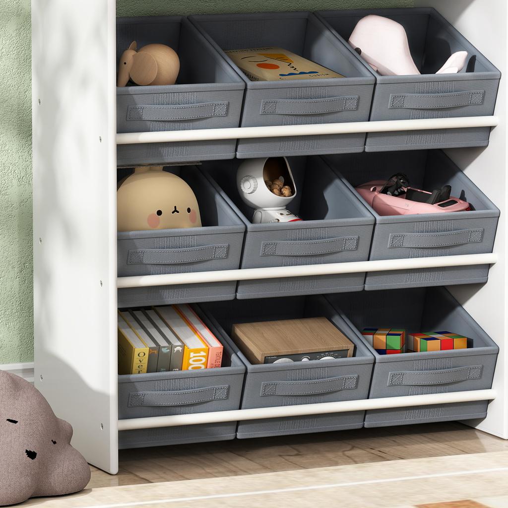 Kids' Storage Shelf, Toy Cabinet for Children with 11 Fabric Boxes, Upper Compartments, White