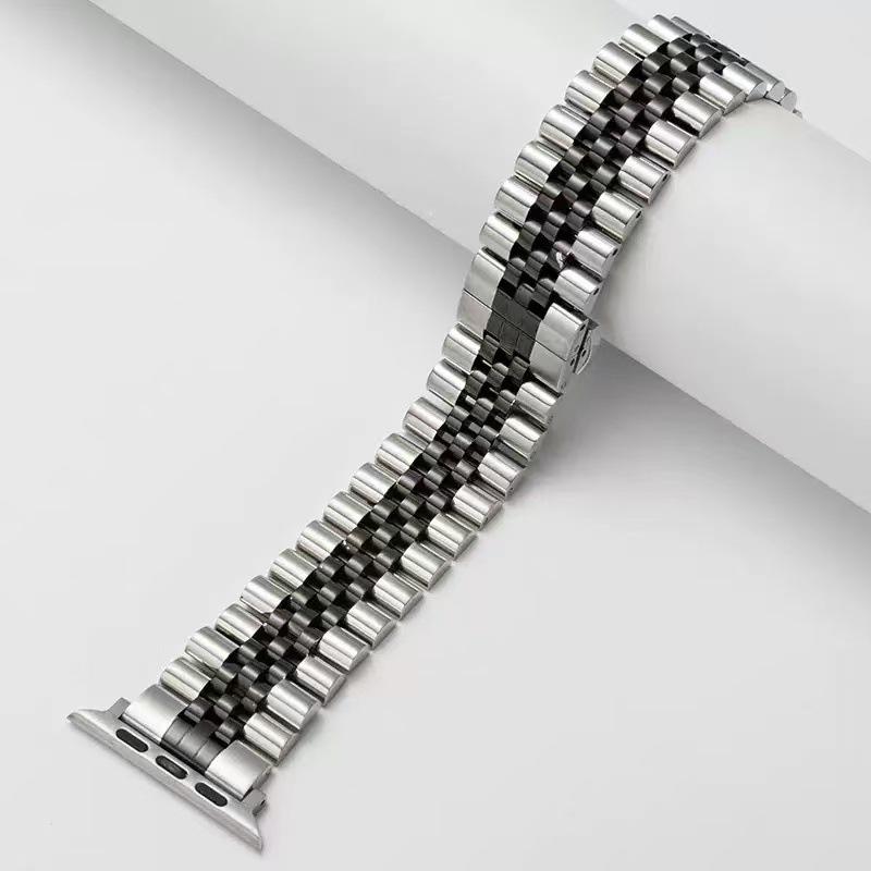 Apple Watch Stainless Steel Butterfly Clasp Strap - Unisex 5-Bead Metal Band.