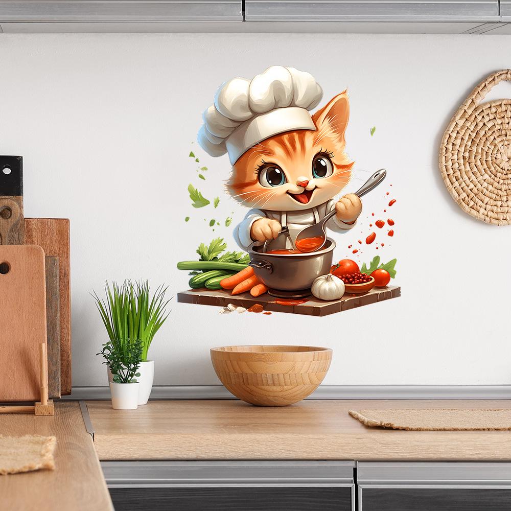 Self Adhesive Cartoon Chef Kitten Wall Stickers for Kitchen Cabinet Decor Peel and Stick Removable Waterproof
