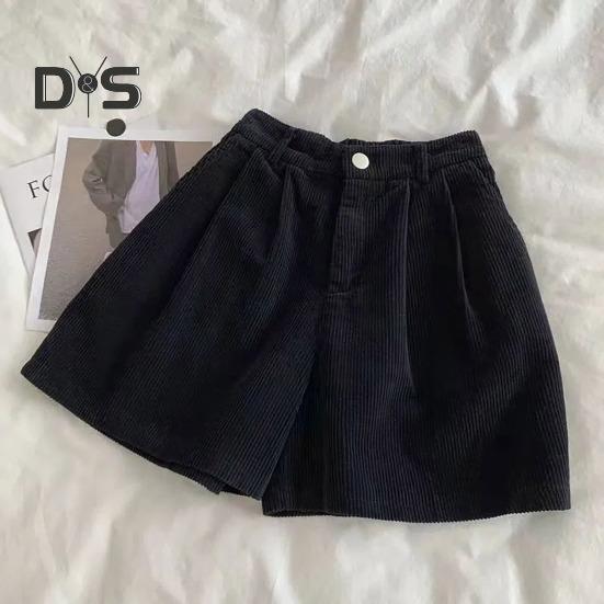Vintage-Cord-Damen-Shorts, elastisch, hohe Taille, Knopf, Reißverschluss, Shorts, Taschen, weites Bein, kurze Hose
