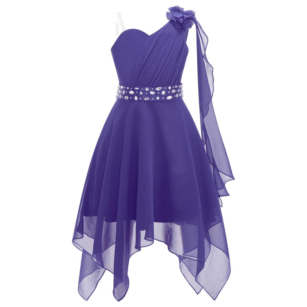Girls One Shoulder Sleeveless Flower Girl Dress Kids Ruched Applique Pageant Wedding Bridesmaid Dresses