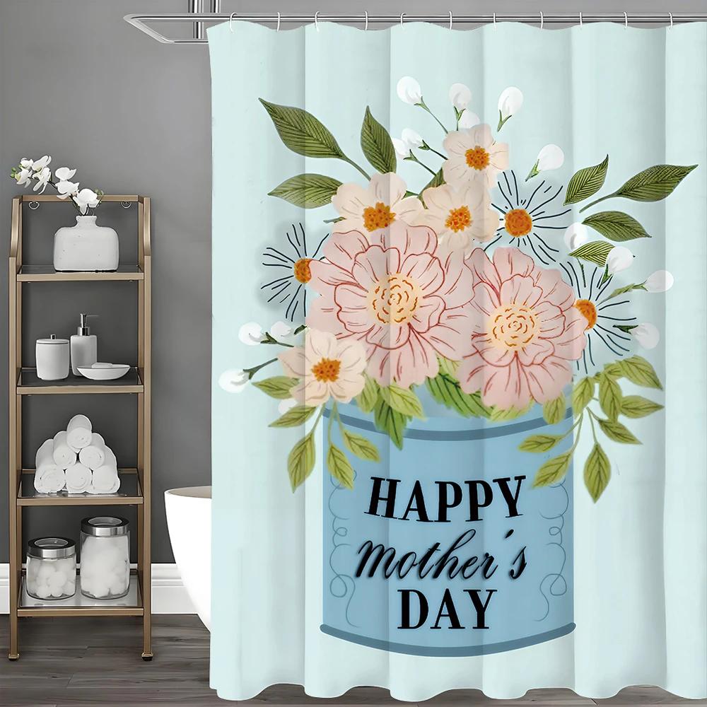 Happy Mother s Day Floral Blue Shower Curtain, Bathroom Decorative Shower Curtain, Waterproof Shower Curtain with Hooks W90xH180cm