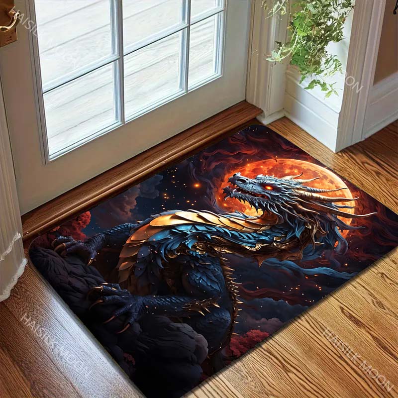 Multiple sizes Blue dragon with full moon Print Carpet Rug for Living Room Bedroom Sofa Doormat Home Decor Non-slip Floor Mat